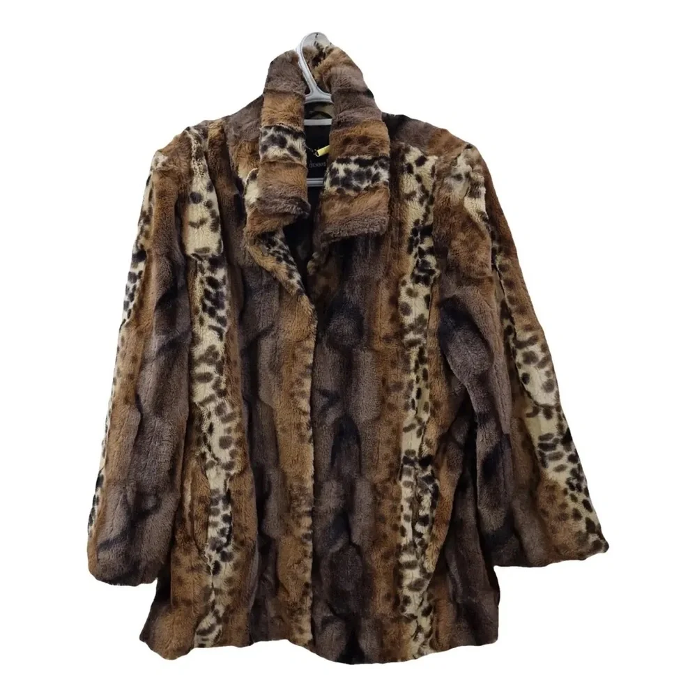 Dennis Basso Brown Leopard Faux Fur Jacket - Picture 1 of 5